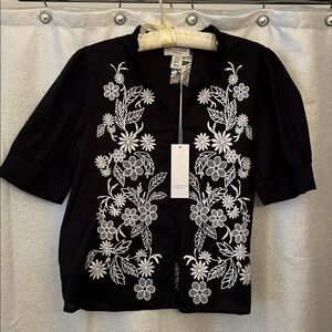Black Blouse with White Floral Embroidery